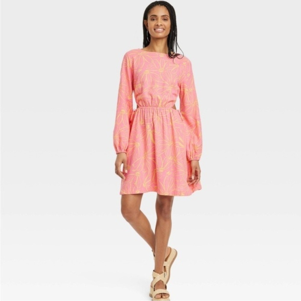 Universal Thread Pink Yellow Floral Cut-Out Mini Dress Long Sleeve Large‎ Linen